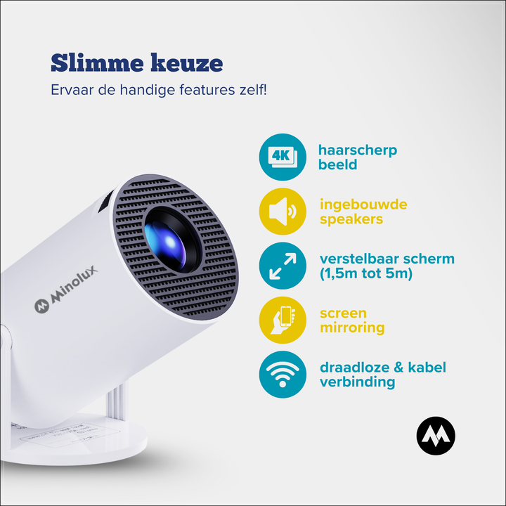 Minolux® Witte Mini Beamer – Draagbare Full HD Projector voor Thuis & Entertainment